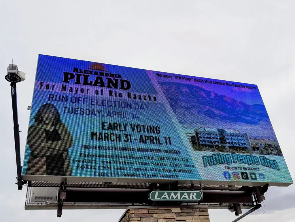 Rio Rancho mayoral candidate Alexandria Piland has a billboard on 528. (Kevin Hendricks)