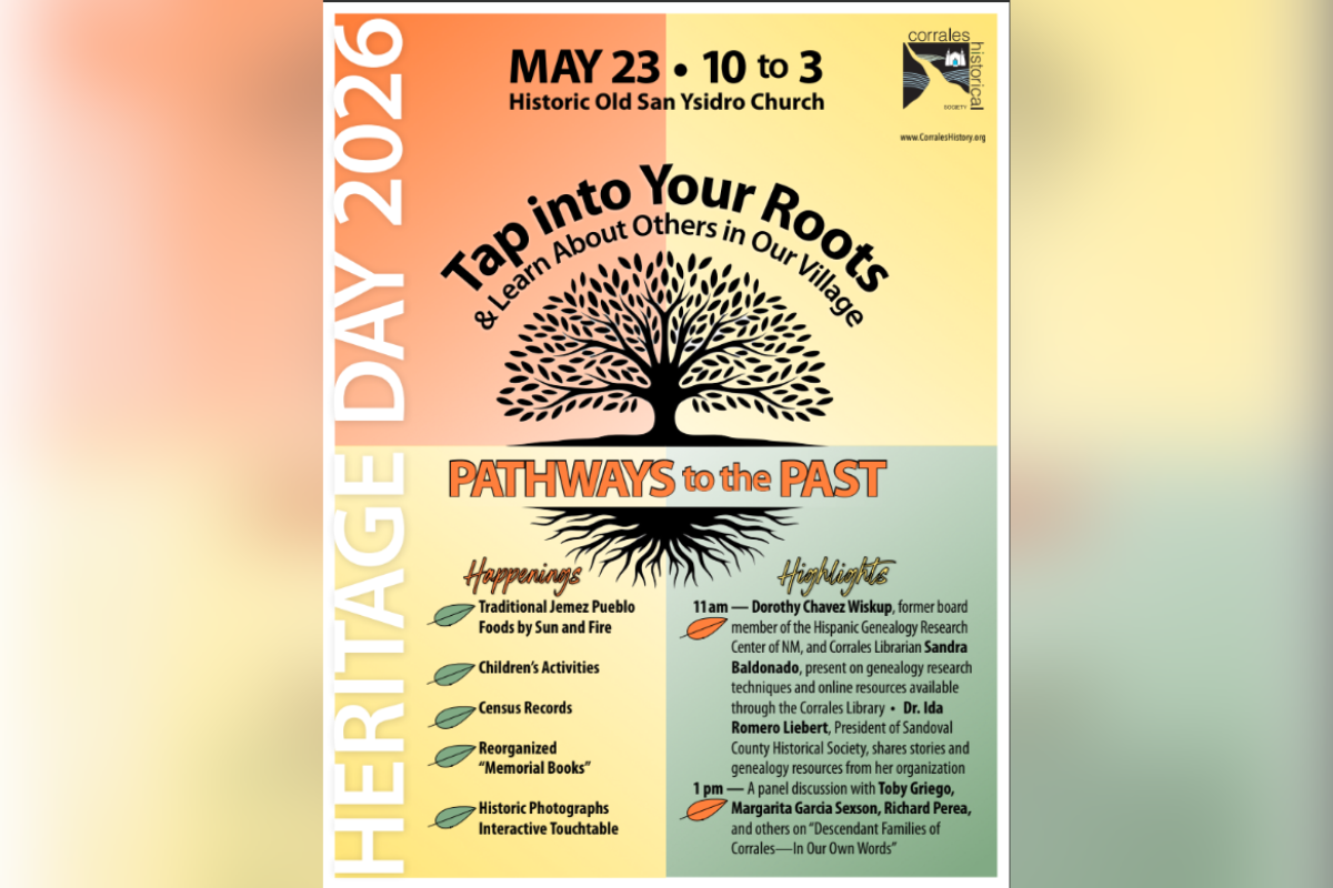 Corrales residents curious about their family history — and the village's — can get expert guidance and dig into local records at Heritage Day 2026 on Saturday, May 23, at the Historic Old San Ysidro Church.