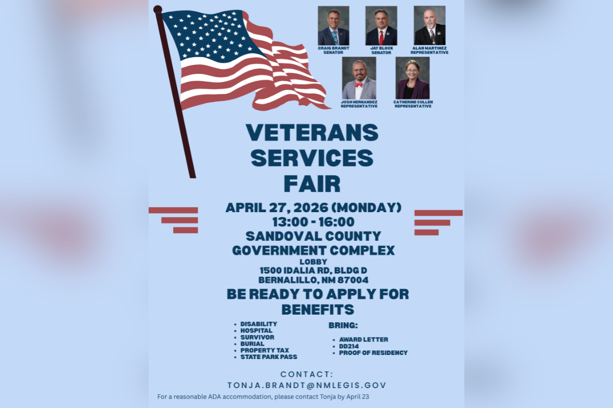 Veterans in Sandoval County can access disability benefits, property tax exemptions, state park passes and more at a free Veterans Services Fair next Monday, April 27, from 1 to 4 p.m. at the Sandoval County Government Complex lobby, 1500 Idalia Rd., Bldg. D, in Bernalillo.