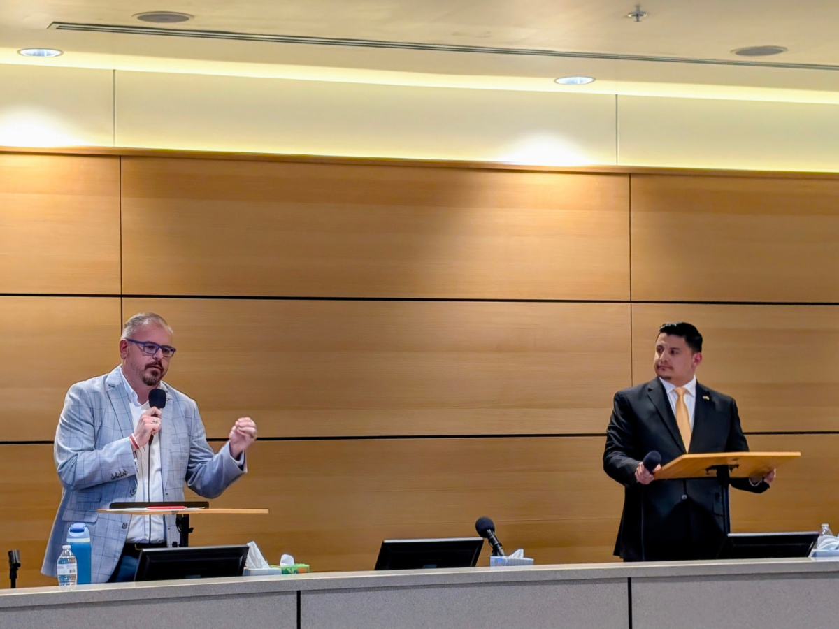 Rio Rancho voters choosing between incumbent Rep. Josh Hernandez, left, and challenger Zac Anaya, right, in the June 2 Republican primary heard both candidates agree on what's holding New Mexico back — and disagree on how far to go to fix it — at a forum hosted Tuesday by the Rio Rancho Regional Chamber of Commerce. (Kevin Hendricks)