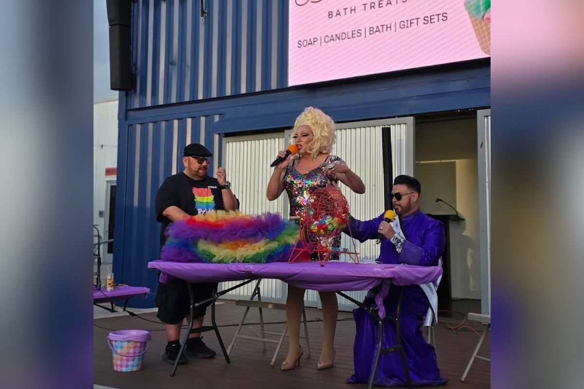 Dee Dee Van Carter calls numbers at a drag bingo fundraiser April 24 at THE BLOCK. (Courtesy photo)