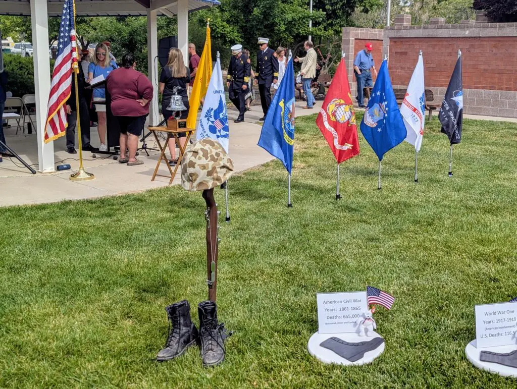Dozens of Rio Rancho residents, veterans and elected officials gathered Monday morning at Veterans Memorial/Monument Park to honor the men and women who died in military service — marking Memorial Day with music, prayer and community ceremony organized by local veterans groups. (Kevin Hendricks)