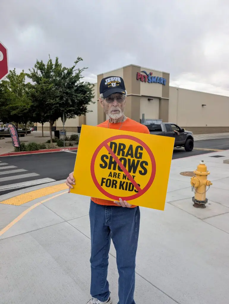 One of a handful of protestors who showed up at a drag bingo fundraiser at THE BLOCK on May 13. (Kevin Hendricks)