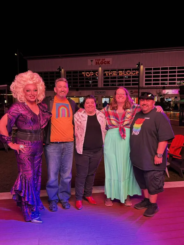 From left, Dee Dee Van Carter, Brian Rasmussen, Ericka Van Eckhoutte, Madigan Ray and Ben Jammin pose for a photo a drag bingo fundraiser at THE BLOCK. (Courtesy photo)
