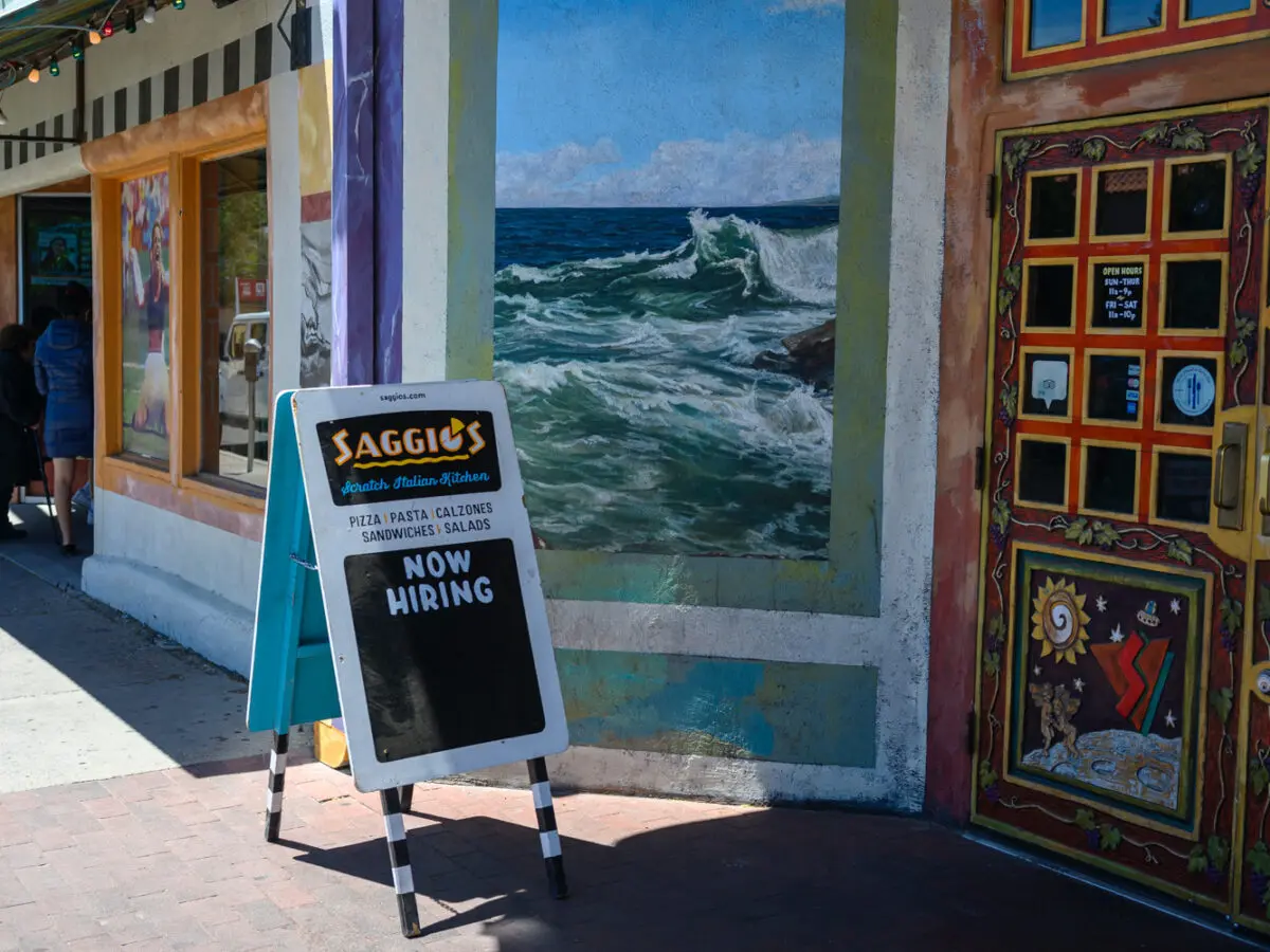 Saggio’s restaurant near UNM placed a hiring sign Tuesday afternoon. Photo by Roberto E. Rosales for the Paper