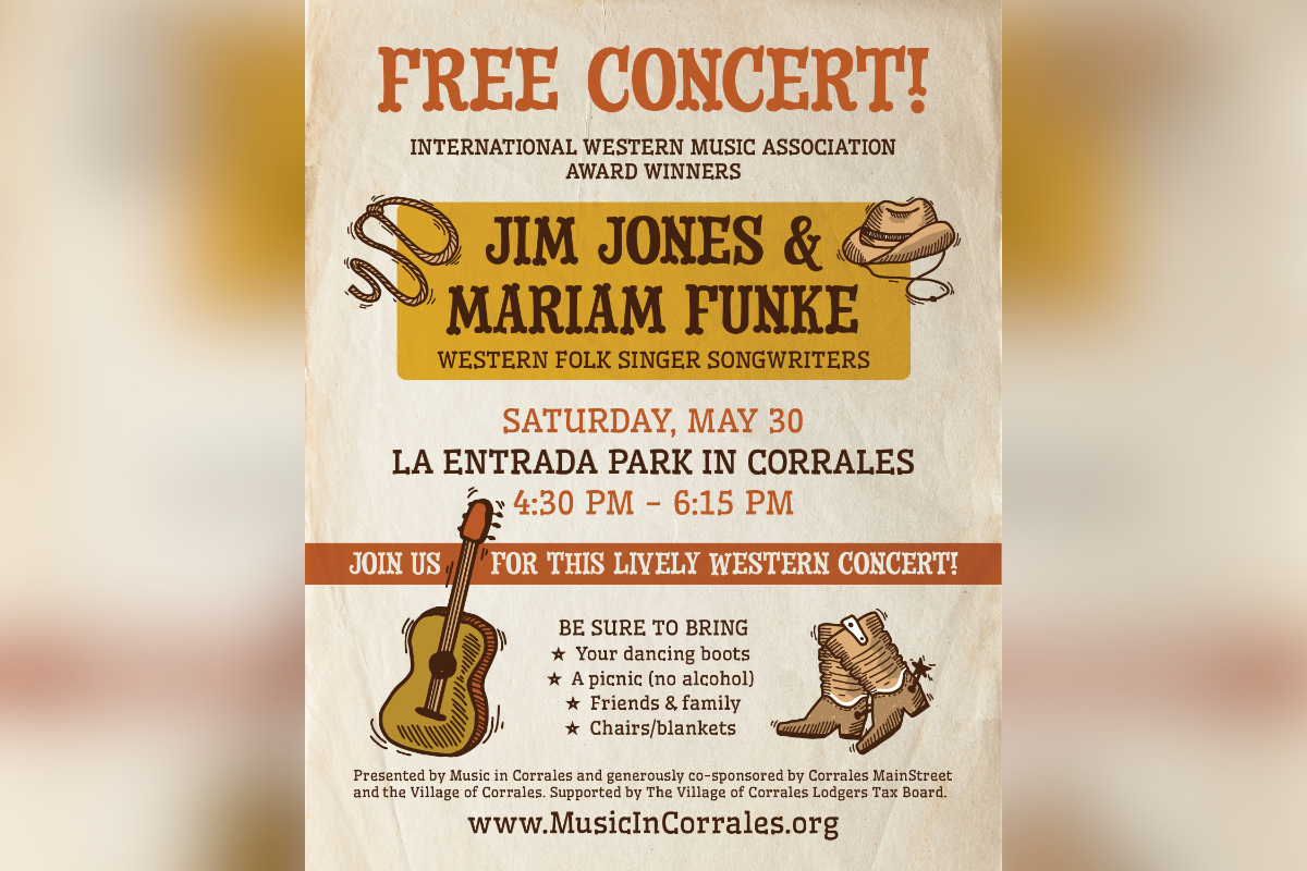 Corrales gets a free afternoon of award-winning Western folk music this month when Jim Jones and Mariam Funke take the stage at La Entrada Park.
