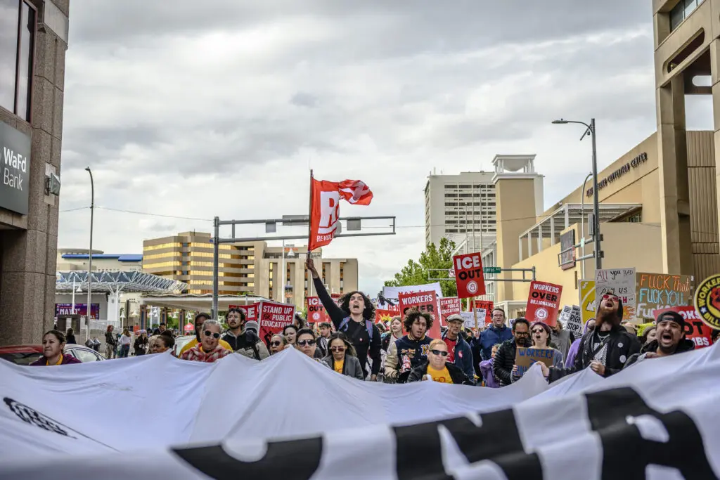 Friday was International Workers’ Day with more than 25 local labor unions and community organizations gathered for a rally and a march at Albuquerque Civic Plaza. Roberto E. Rosales for the The Paper