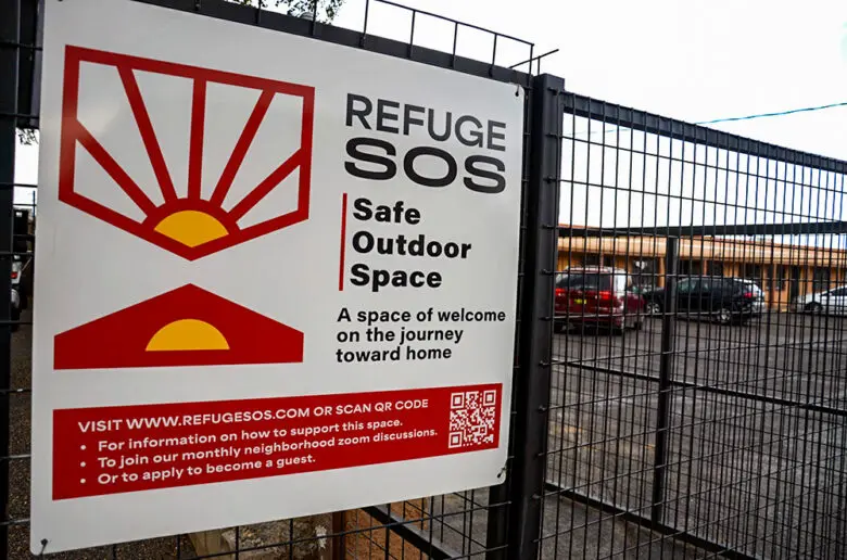 A sign at the city's only Safe Outdoor Space located at the New Creation Church. (Jesse Jones)