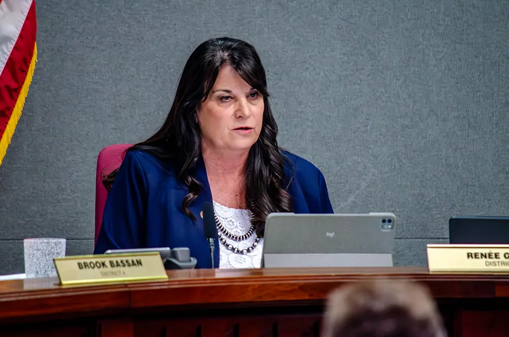Committee of the Whole Chair Renée Grout speaks during the May 18 City Council meeting as councilors debated budget amendments. (Jesse Jones)
