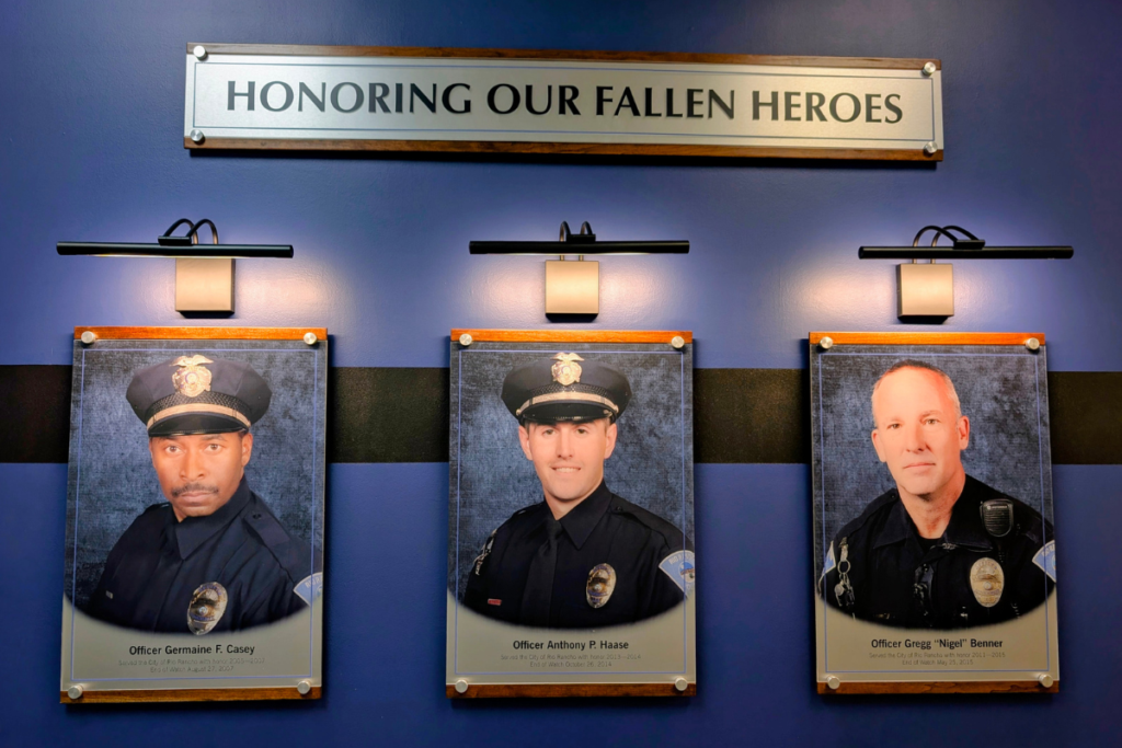 A memorial in City Hall honors three RRPD officers killed in the line of duty. (Kevin Hendricks)