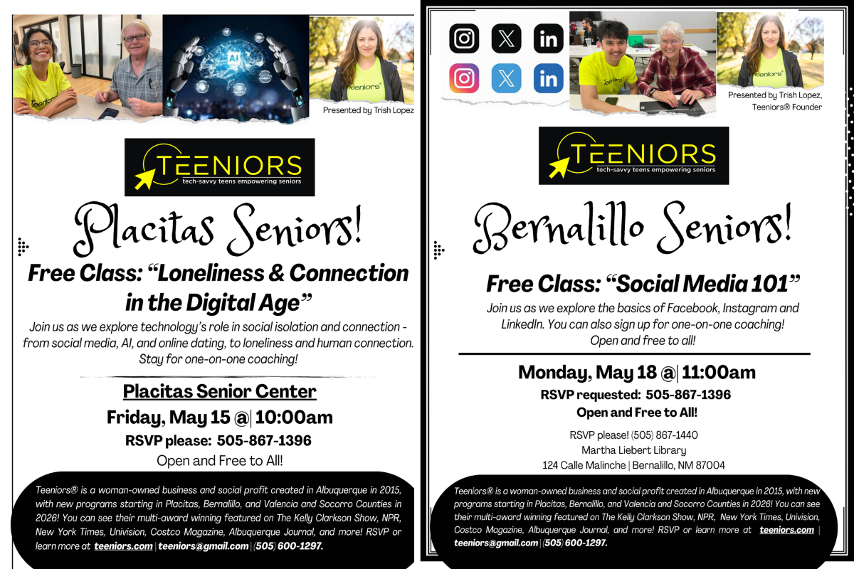 Sandoval County seniors can get free, face-to-face tech help this month when Teeniors — a program pairing tech-savvy teens with older adults — brings classes and one-on-one coaching to Placitas and Bernalillo.