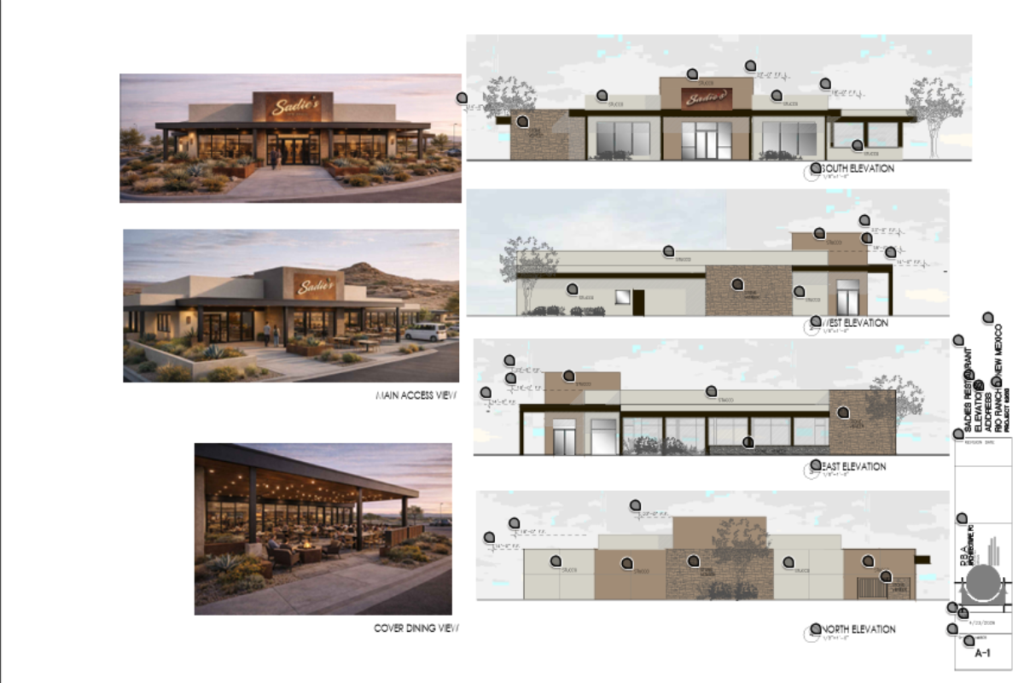 The body will hold a public hearing on a site plan for a new Sadie's Restaurant with outdoor patio at 2225 Wellspring Ave. SE in the Cabezon area. The proposed 6,464-square-foot restaurant with a 2,322-square-foot covered outdoor dining area would include 200 seats and 125 parking spaces.