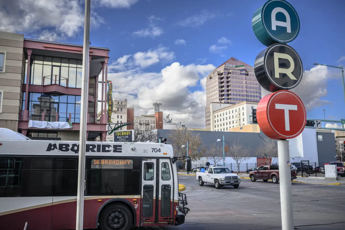 A city bus leaves the Alvarado Transportation Center in downtown Albuquerque where most people transfer buses to reach their destination throughout Albuquerque. Photo by Roberto E. Rosales/The City Desk. January 19th, 2024.
