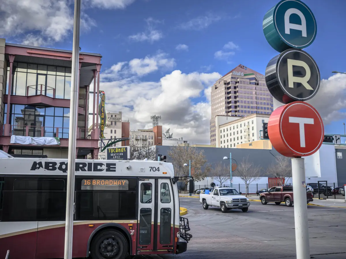 A city bus leaves the Alvarado Transportation Center in downtown Albuquerque where most people transfer buses to reach their destination throughout Albuquerque. Photo by Roberto E. Rosales/The City Desk. January 19th, 2024.