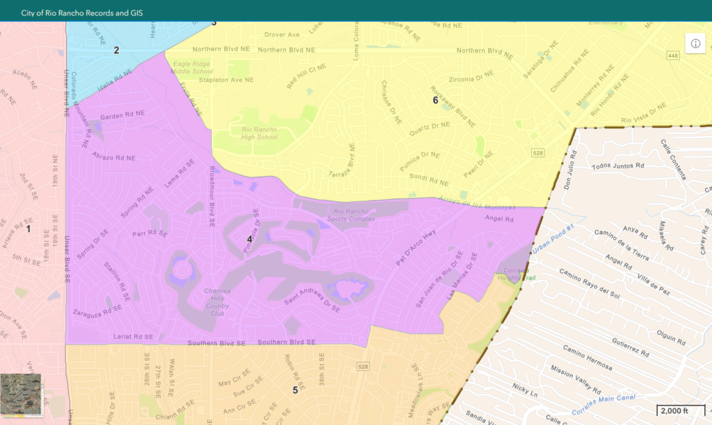 District 4 covers a large swath of south-central and southeastern Rio Rancho, roughly bounded by Unser Blvd SE to the west, the Abrazo Road area to the north, Southern Blvd SE to the south, and Pat D'Arco Highway to the east. (CoRR)