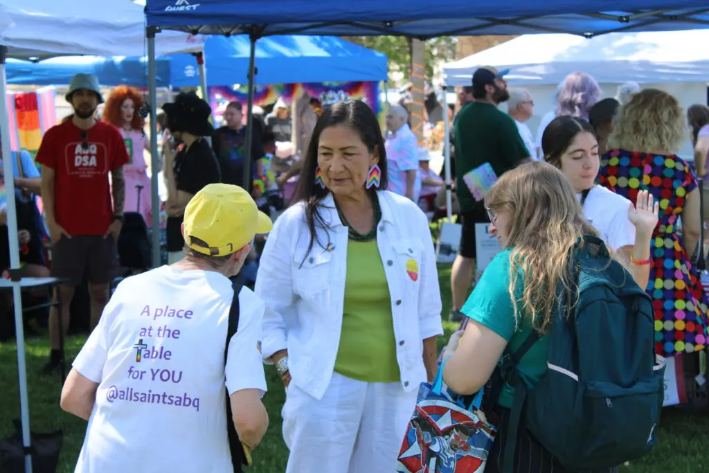 Deb Haaland speaks with attendees at Rio Rancho's first Pride celebration on June 6 at Haynes Park. (Julian Paras)