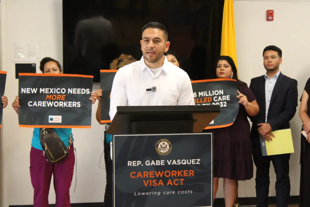 Congressman Gabe Vasquez (D-NM) prepares to speak about his Caregiver Visa Act at the South Valley Social Enterprise Center (Julian Paras, The Paper., June 17, 2026)