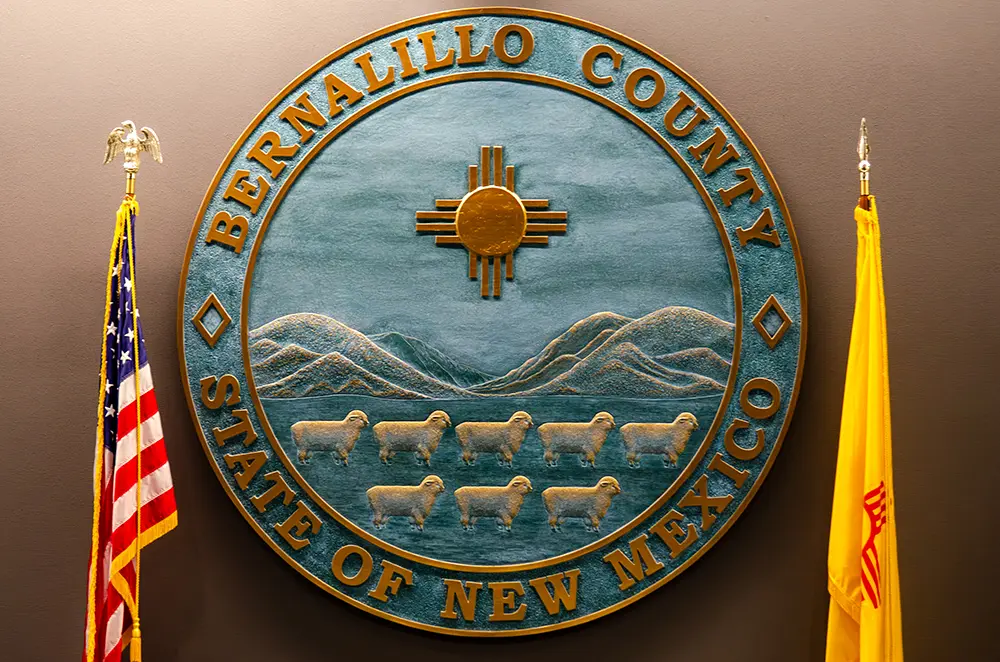 Seal of BernCo in the Ken Sanchez Chambers. (Jesse Jones)