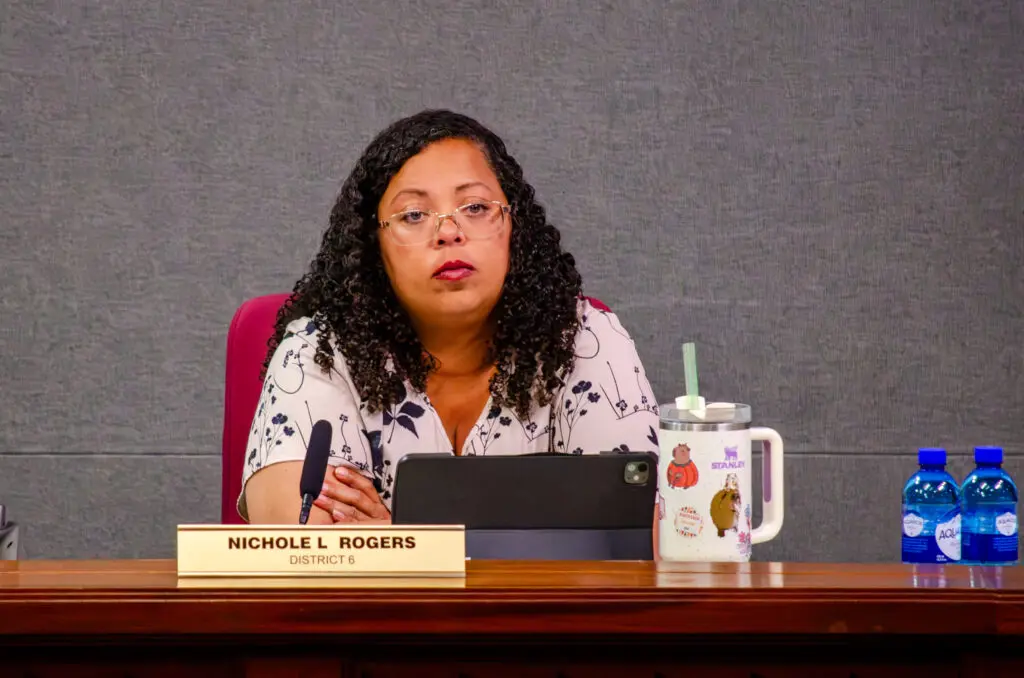 Albuquerque City Councilor Nichole Rogers listens to public safety and police officials during the June 1 City Council meeting. (Jesse Jones)