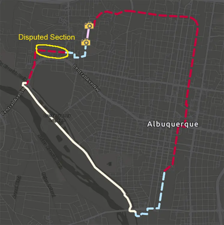 A map of Albuquerque's heart-shaped seven-mile Rail Trail loop. The circled section marks the proposed alley segment between Hollywood and Edna avenues NW that has drawn opposition from West Old Town residents. Map courtesy of abqrailtrail.org