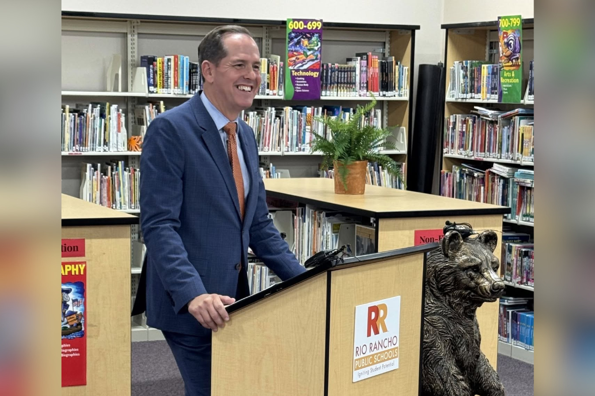 Rio Rancho Public Schools superintendent Dr. Robert Dodd speaks at a June 11 press conference at Vista Grande Elementary School. (RRPS)