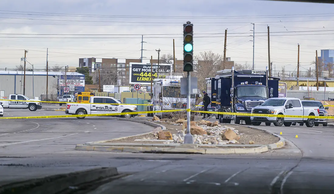 An APD officer-involved shooting near I-40 and 6th street in 2024. A spike in late May 2026 shootings has city leaders questioning why the Albuquerque Community Safety department is not being dispatched to some high-risk mental health calls. Photo by Roberto E. Rosales/The City Desk. Photo by Roberto E. Rosales/The City Desk