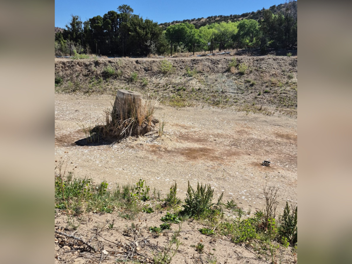 Ciruela Pond/ reservoir shows drought conditions- completely dry due to not enough snowfall and climate change. The water level is normally near the top of the submerged stump. (Rodd Cayton)