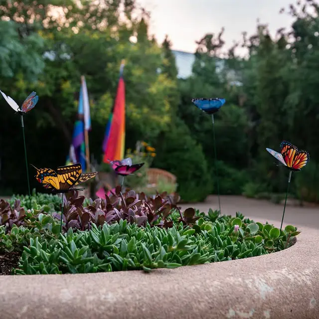 Butterflies in a garden with Pride flags behind them.