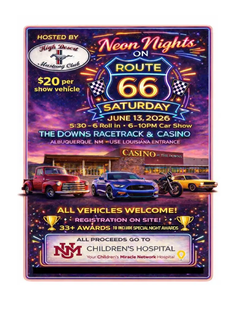 A poster for the Neon Nights car show featuring three classic cars.