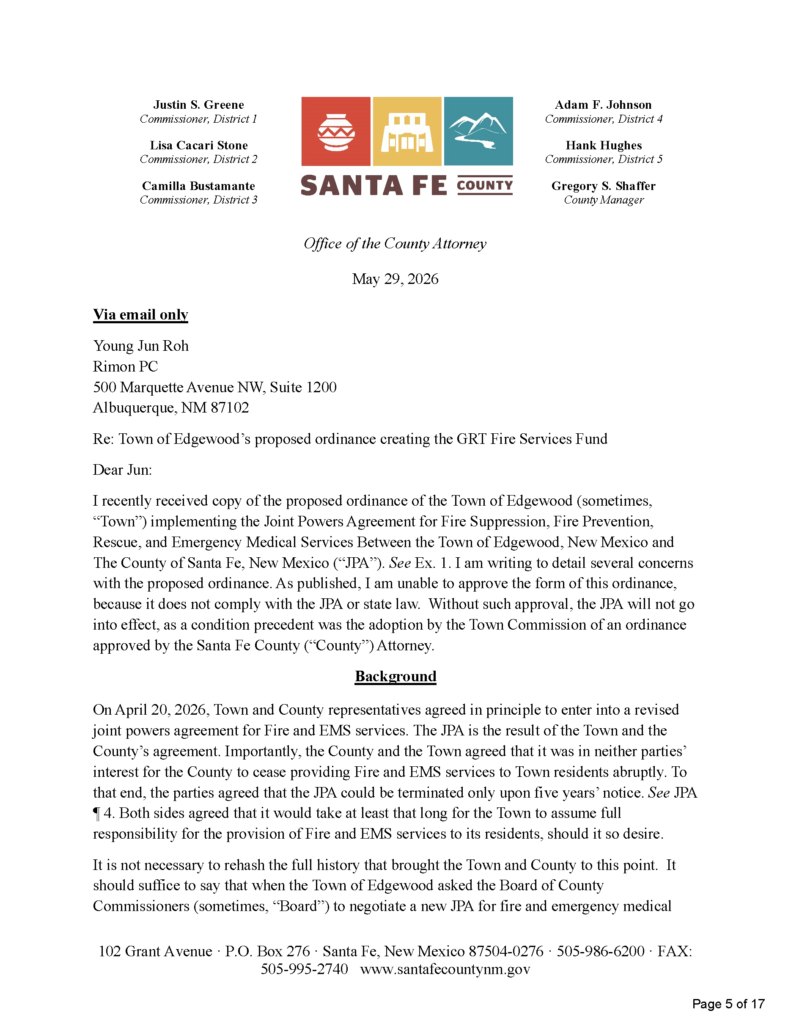 Letter from Santa Fe County to Edgewood rejecting the town's fire ordinance