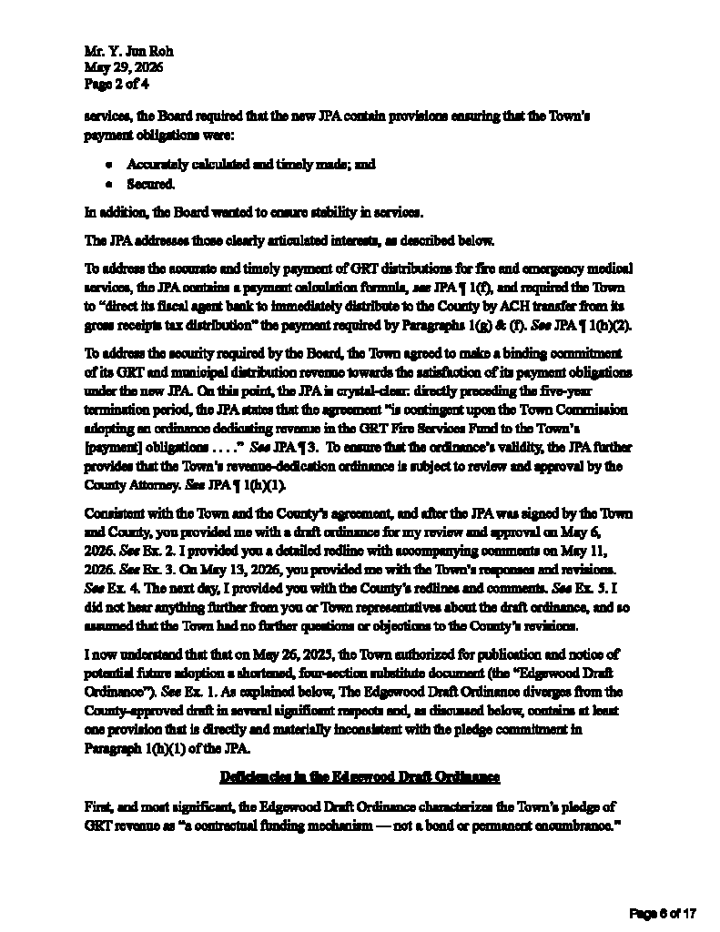 Letter from Santa Fe County to Edgewood rejecting the town's fire ordinance