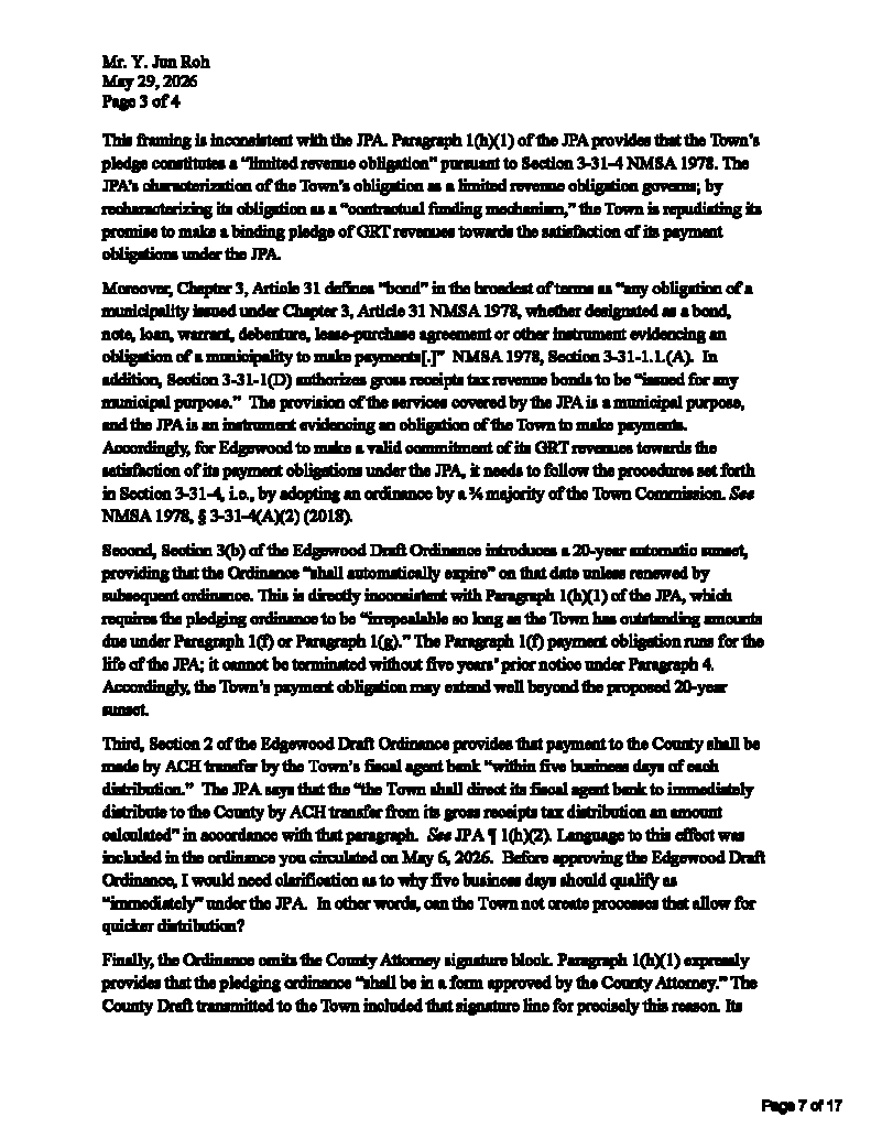 Letter from Santa Fe County to Edgewood rejecting the town's fire ordinance