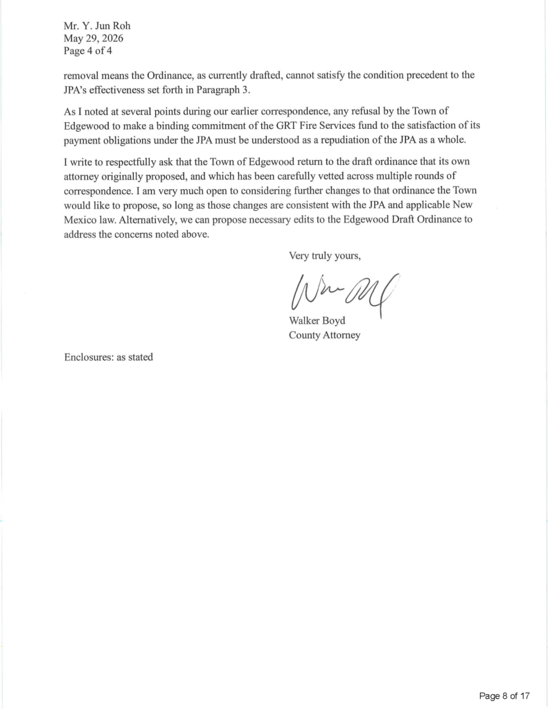 Letter from Santa Fe County to Edgewood rejecting the town's fire ordinance