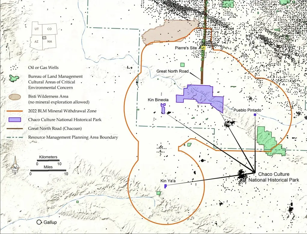 The map shows the 2022 BLM mineral withdrawal zone surrounding Chaco Culture National Historical Park, along with nearby oil and gas wells. (Courtesy of the All Pueblo Council of Governors)