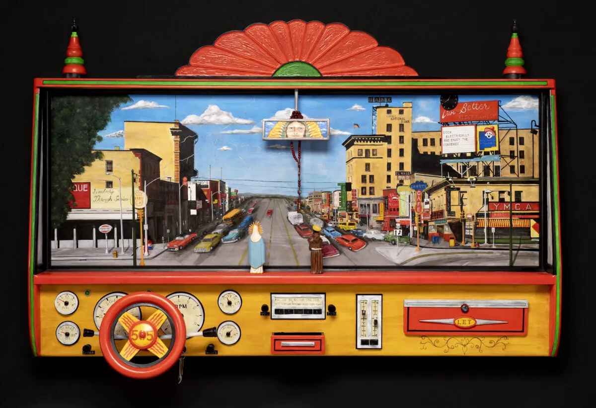 Luis Tapia, –Burque ‘64 2026 wood, paint. Lent by Artist (Courtesy of Albuquerque Museum)