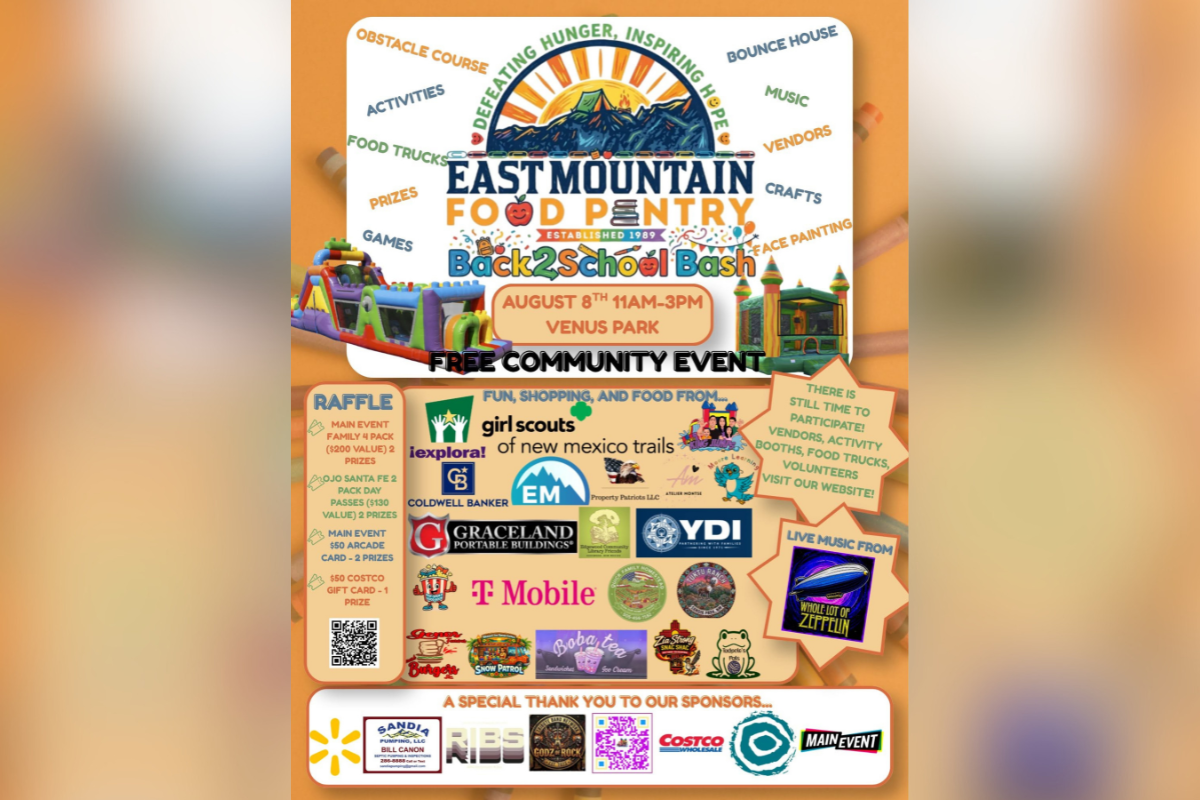 The East Mountain Food Pantry hosts its annual Back2School Bash Aug. 8 from 11 a.m. to 3 p.m. at Venus Park, according to the pantry, which has served the community since 1989.