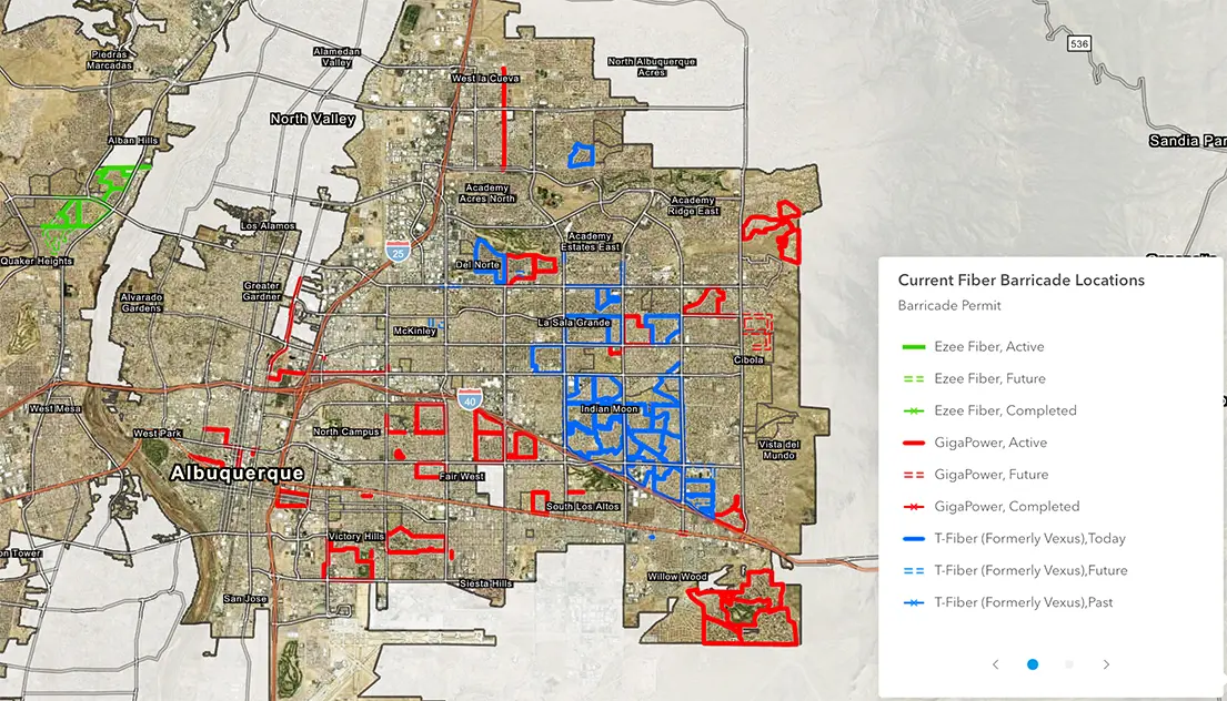 A screenshot of the city's Fiber Company Public Right-of-Way Permit Map shows current fiber construction and barricade locations across Albuquerque. (CABQ)