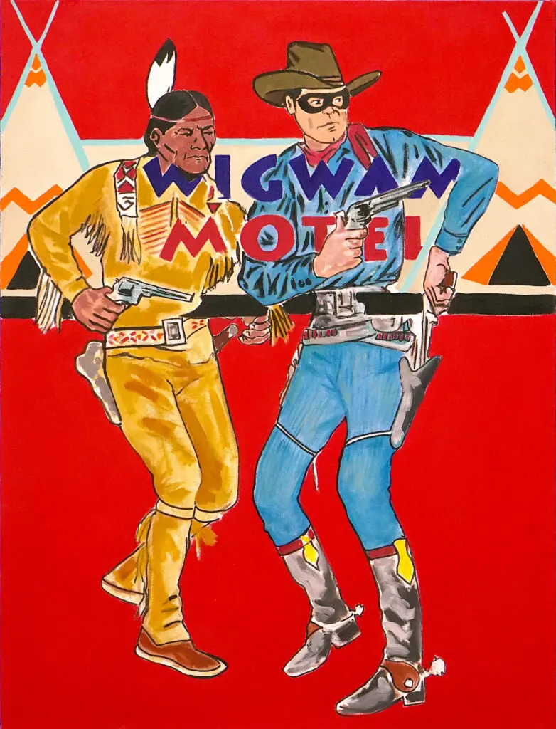 D.C. ALLEN (Baaa t’ – chlish, Del Curfman) (Crow Tribe of Montana), Historic(ally) Inaccurate, 2025. Oil on canvas, 48” x 36” x 1.5”. (Courtesy of 516 Arts)