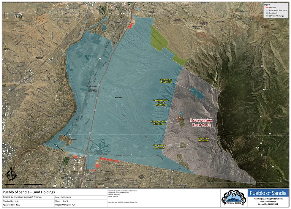 A Pueblo of Sandia map shows the boundaries of the T'uf Shur Bien Preservation Trust Area along the Sandia Mountains' west face. (Map: Pueblo of Sandia, provided by the Coalition to #SaveTheSandiaWilderness)
