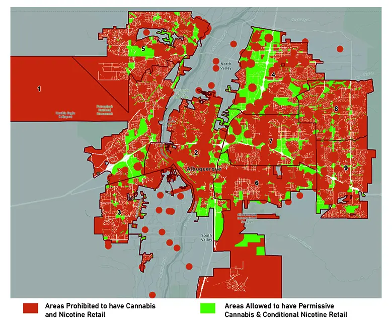 A map provided by Councilor Tammy Fiebelkorn's office shows areas of Albuquerque where cannabis and nicotine retail are prohibited (orange) versus where cannabis retail is permissively allowed and nicotine retail is conditionally allowed (green) under current zoning. Fiebelkorn says the new buffer distances in Ordinance O-26-39 would further shrink where new shops could locate. (Courtesy of Council District 7)