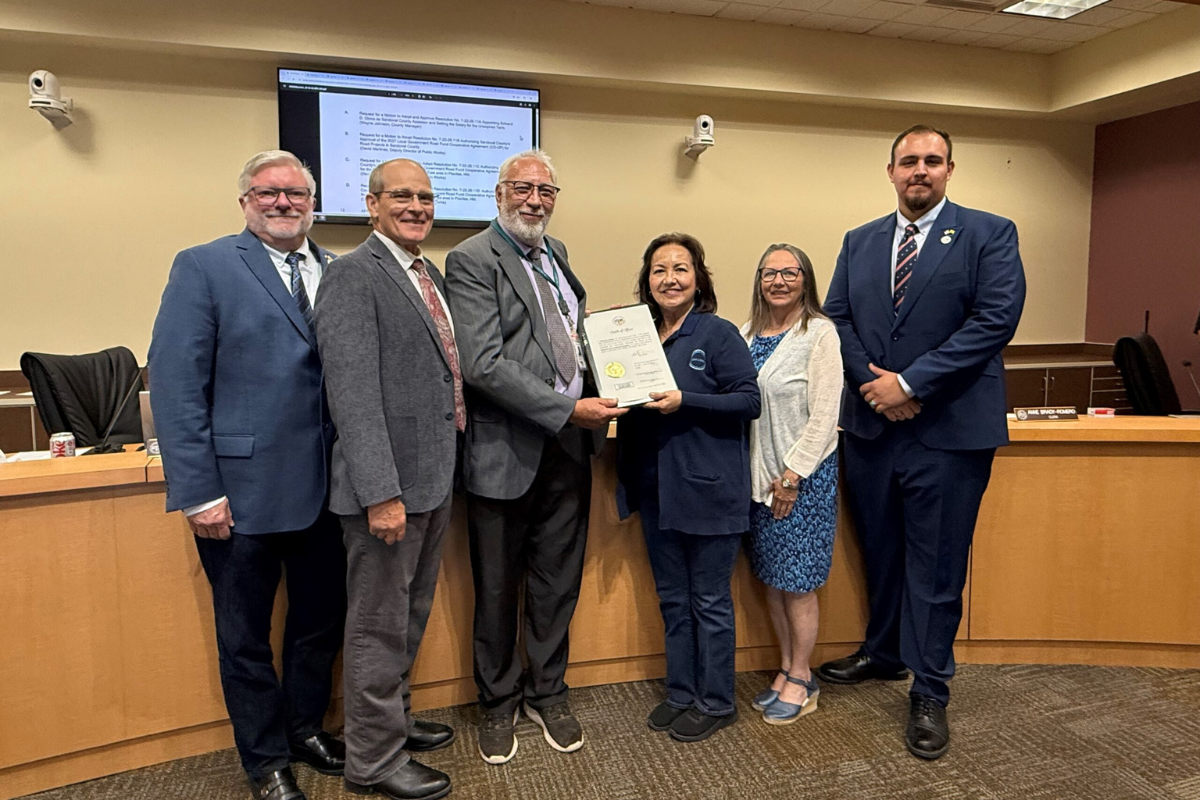 From left: Vice Chair Jon Herr, District 2; Commissioner Michael Meek, District 3; Assessor Edward D. Olona, County Clerk Anne Brady-Romero, Commissioner Katherine A. Bruch, District 1; and Chair Jordan Juarez, District 4. (Courtesy photo)