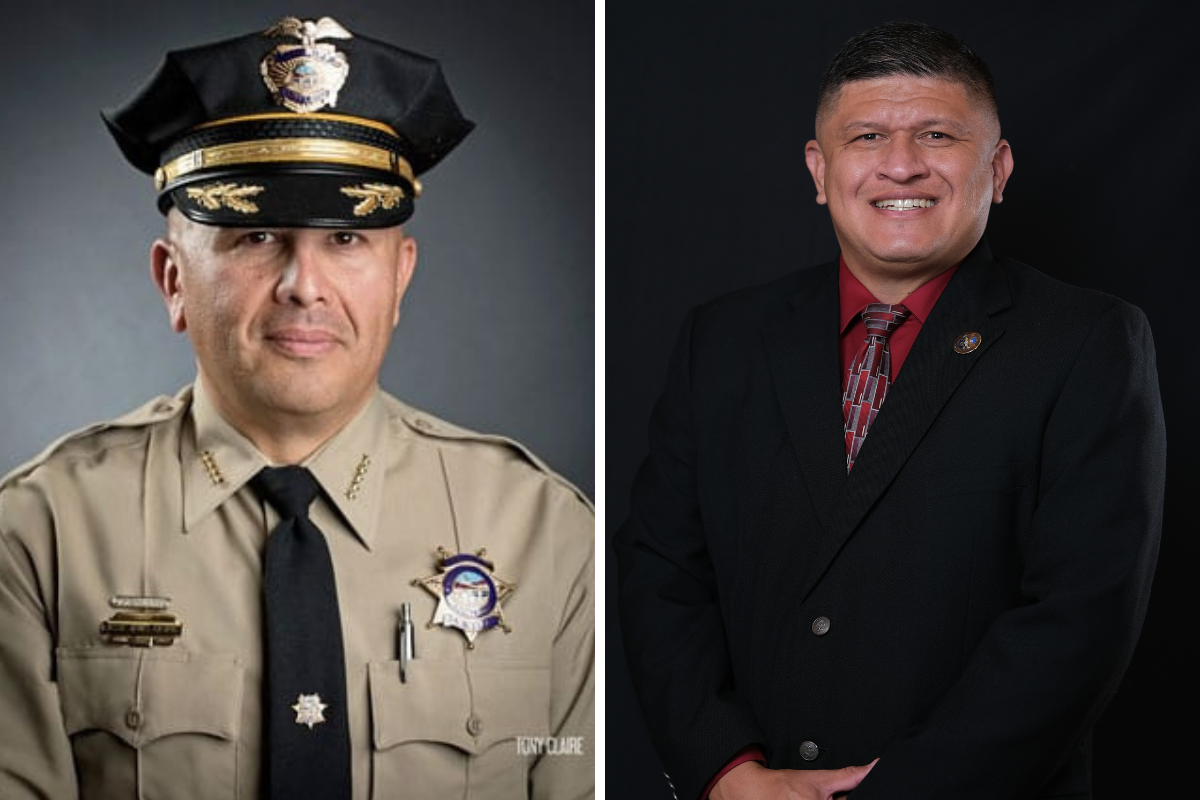 Sandoval County Sheriff Jesse James Casaus, left, a Democrat barred by term limits from seeking reelection, is backing Republican Victor Rodriguez, right, to succeed him — passing over Democratic nominee John Paul Trujillo in a rare cross-party break from a sitting sheriff.