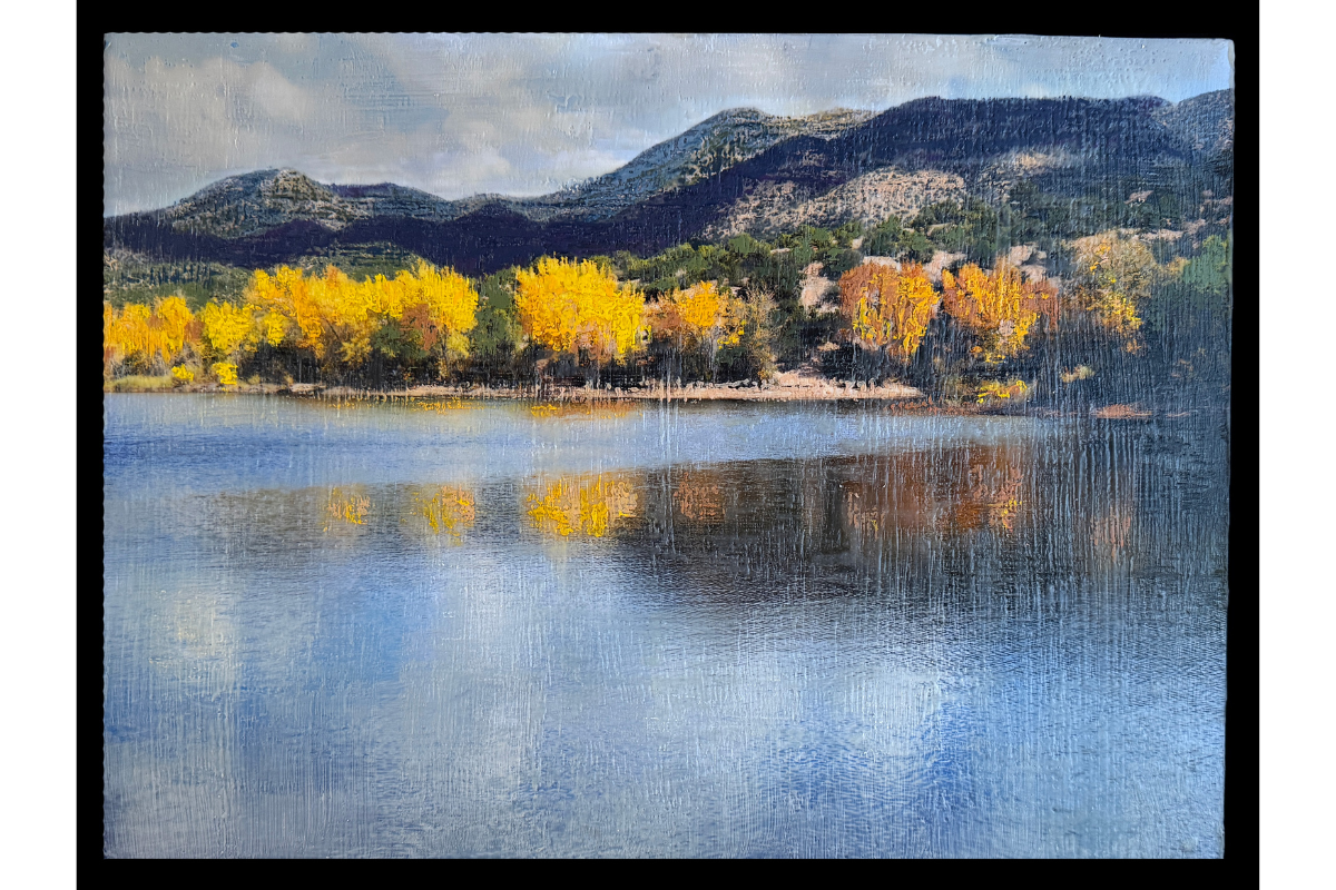 Nambe Lake Autumn, photo encaustic, 16x12, Dana Patterson Roth