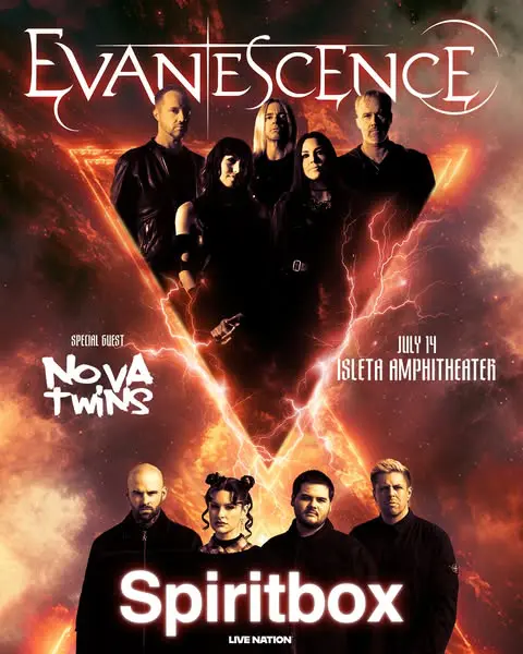 Poster for an Evanescence concert featuring the band members dressed in black.