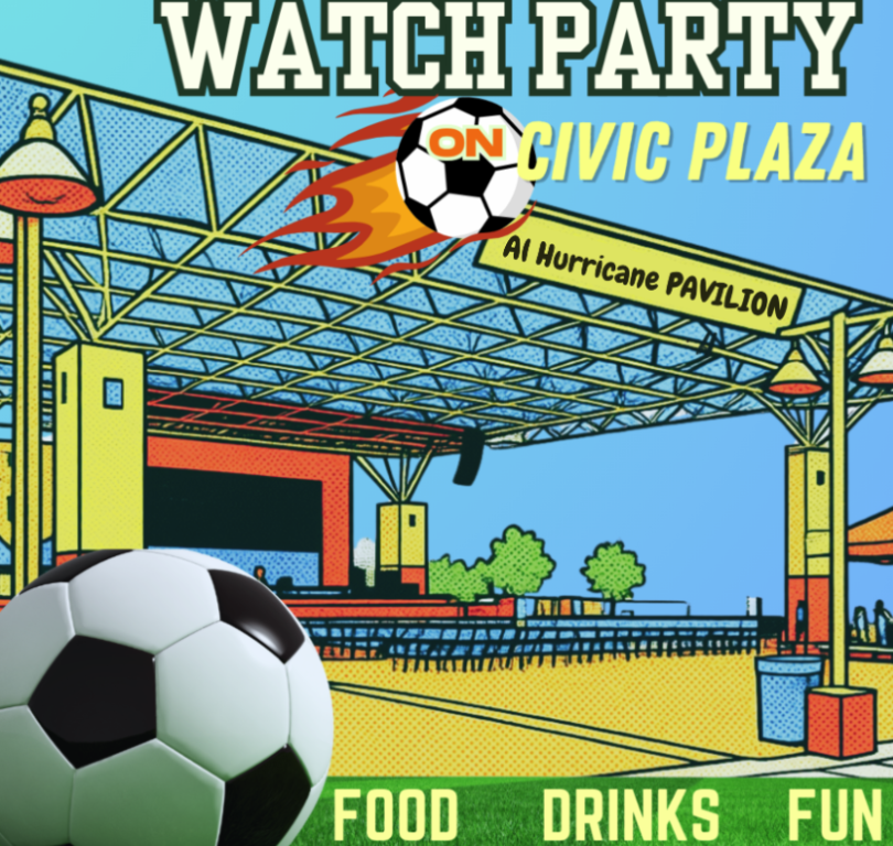 An illustrated image of Albuquerque's Civic Plaza with a soccer watch party going on.