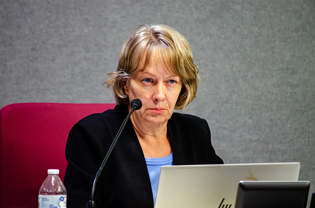 Interim City Attorney Lauren Keefe listens to discussion of a proposed charter amendment during the City Council’s Aug. 3, 2026, meeting. Days after an Office of Inspector General report cleared Keefe of misconduct, councilors voted to put a measure on the Nov. 3 ballot that would let voters decide how the city attorney and city clerk are appointed and removed. (Jesse Jones)