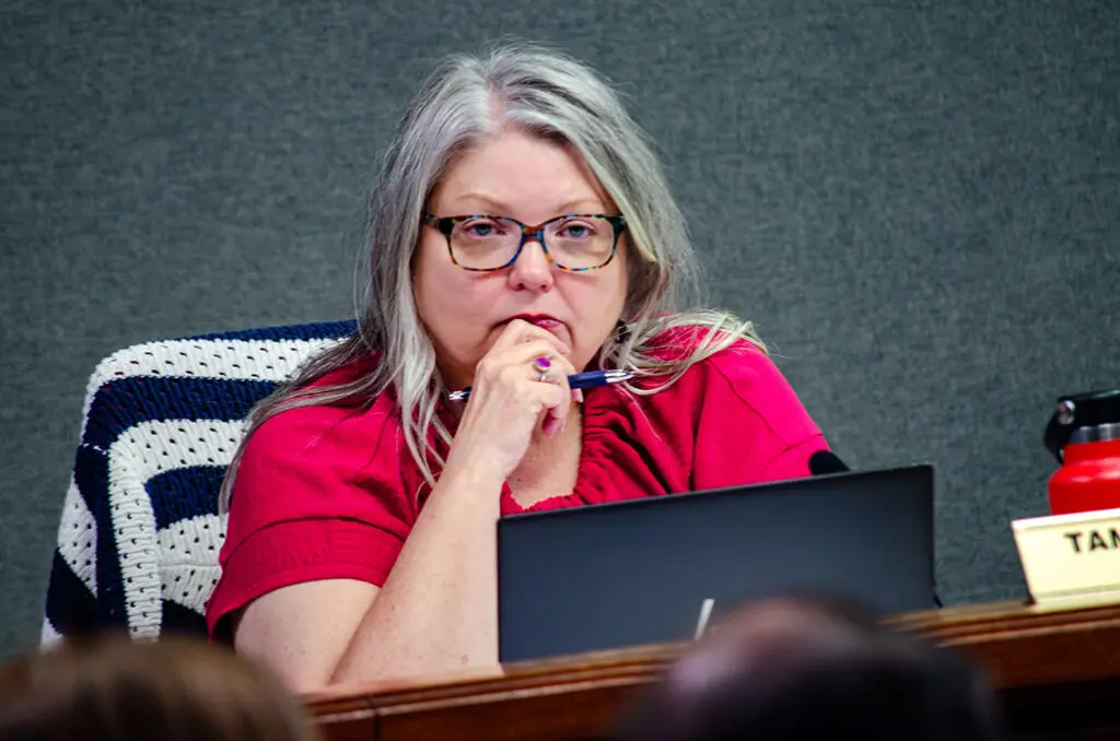 City Councilor Tammy Fiebelkorn listens to debate on the ordinance during Monday night's council meeting. The council voted 6-3 to kill the proposed zoning restrictions on local smoke shops and cannabis dispensaries. (Jesse Jones)