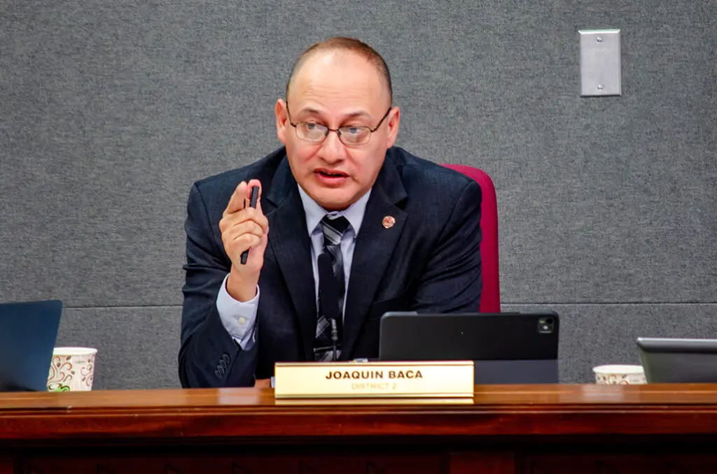 Councilor Joaquín Baca criticizes the city attorney charter amendment's drafting and the administration's handling of the underlying dispute during Monday's Albuquerque City Council meeting. (Jesse Jones)