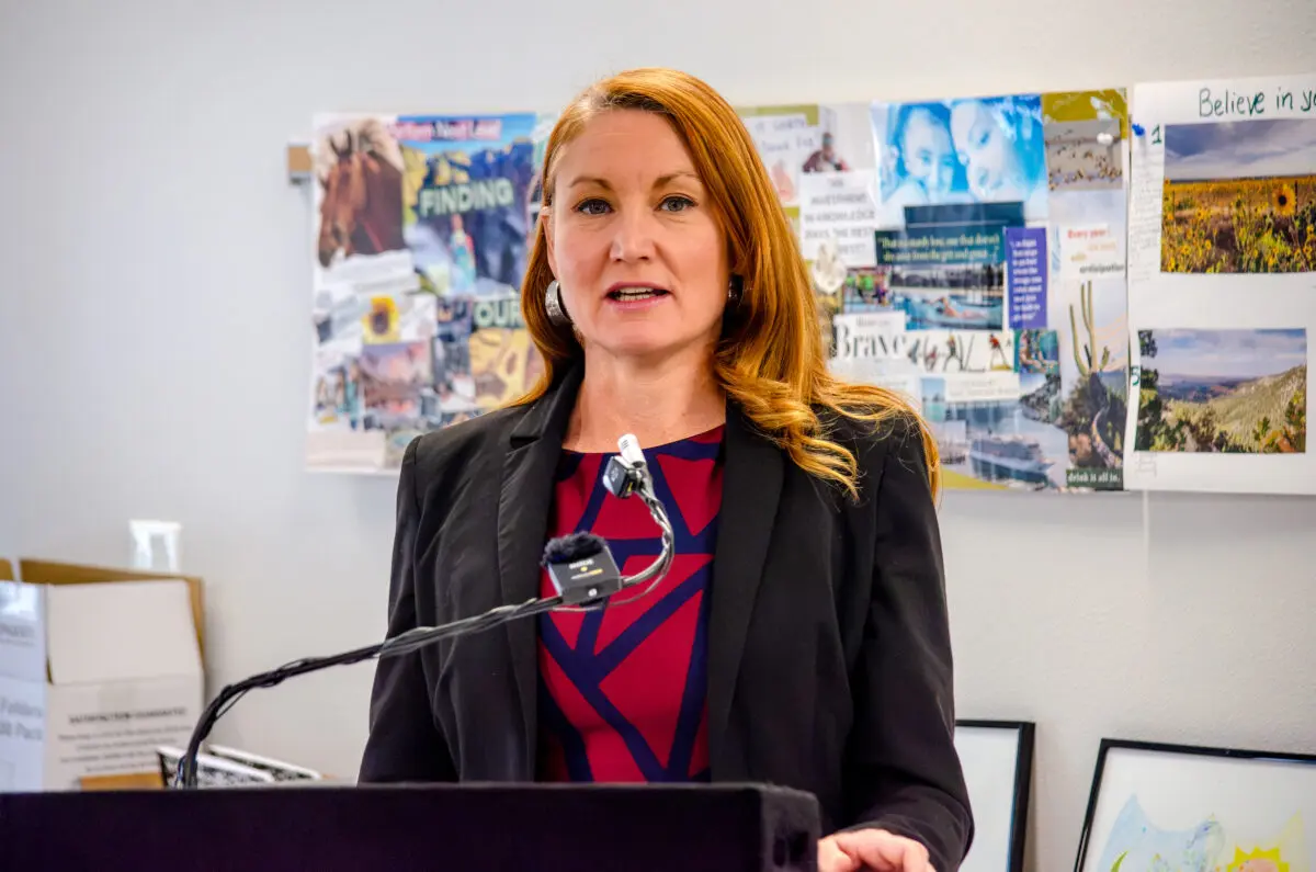 Rep. Melanie Stansbury, D-N.M., speaks during a press conference at Saranam's Westside campus, announcing more than $7.6 million in federal Community Project Funding for seven local housing and homelessness projects. Aug. 19, 2026, (Jesse Jones)