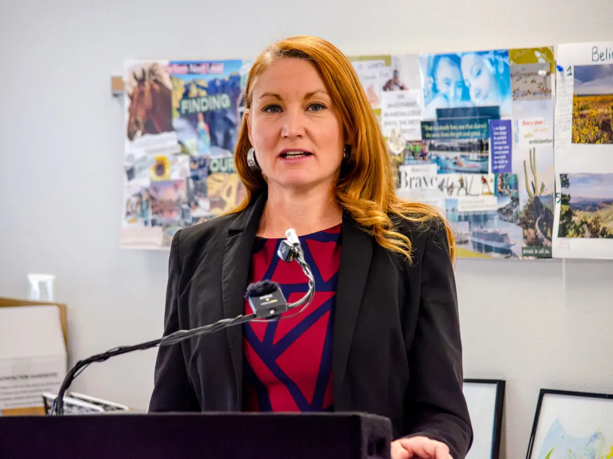 Rep. Melanie Stansbury, D-N.M., speaks during a press conference at Saranam's Westside campus, announcing more than $7.6 million in federal Community Project Funding for seven local housing and homelessness projects. Aug. 19, 2026, (Jesse Jones)